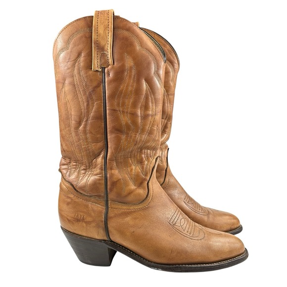 Vintage Frye Cowboy Boots Men's 9D Tan Leather Western Flame Stitch USA Made - Picture 3 of 16